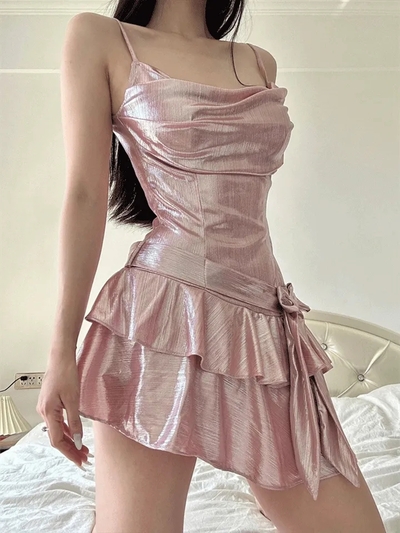 Pink Sequin Ruffle Asymmetrical Mini Dress
