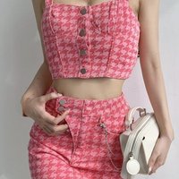 2PCS Pink Plaid Tank Top + Denim Mini Skirt - Thumbnail 6