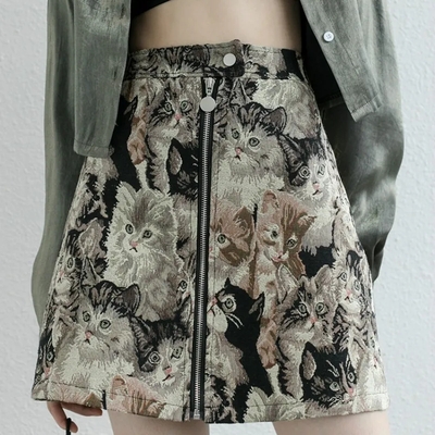 Vintage Cat Print Mini Skirt