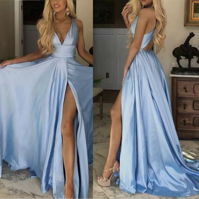 Dusty Blue Prom Dresses Slit Side Evening Gown