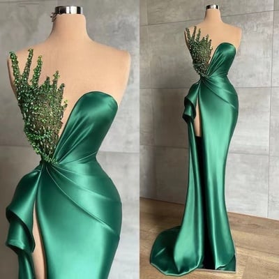 Green prom dresses with rhinestones slit side - Thumbnail 2