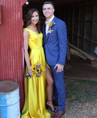 V Neck Prom Dresses Yellow Slit Side Floor Length