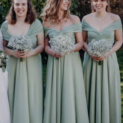 Sage off shoulder bridesmaid dresses for wedding party - Thumbnail 2