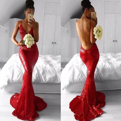Spaghetti straps red sequin mermaid prom dresses  - Thumbnail 2