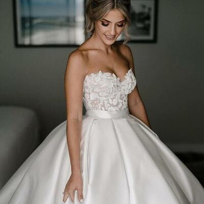Sweetheart ball gown satin wedding dresses with appliques  - Thumbnail 1