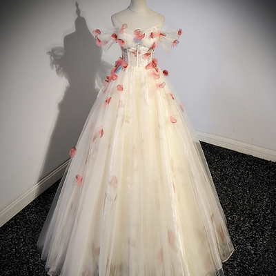 Champagnetulle long formal dress with flowers - Thumbnail 2