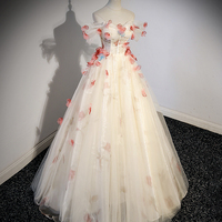 ChampagneTulle Long Formal Dress with Flowers - Thumbnail 1