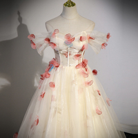 ChampagneTulle Long Formal Dress with Flowers - Thumbnail 2