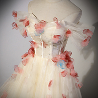 ChampagneTulle Long Formal Dress with Flowers - Thumbnail 3
