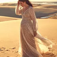 Plus Size Silver Sequins Lace Side Slit Wedding Dress Bridal Dress - Thumbnail 1