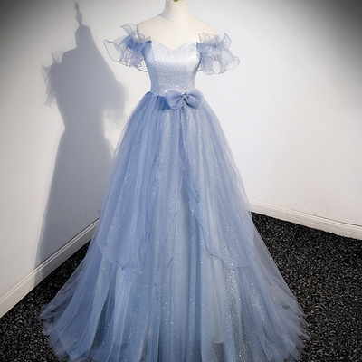 Blue tulle long prom dresses, cute a-line blue evening dresses