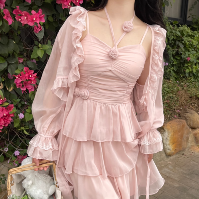 Rose pastel pink pantone beautiful elegant fairy spring summer strap chiffon dress sundress & cardigan two piece set