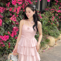 Rose Pastel Pink Pantone Beautiful Elegant Fairy Spring Summer Strap Chiffon Dress Sundress & Cardigan Two Piece Set - Thumbnail 2