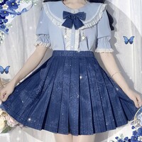 Stardust Midnight Navy Blue Stars Pattern Japanese School Student Uniform Seifuku Cosplay Mini Short Skirt with Pockets - Thumbnail 3