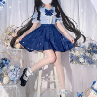 Stardust Midnight Navy Blue Stars Pattern Japanese School Student Uniform Seifuku Cosplay Mini Short Skirt with Pockets - Thumbnail 1