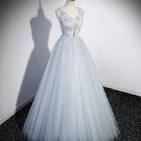 Cute V-Neck Tulle Long Prom Dress, Gray Evening Dress Party Dress - Thumbnail 2