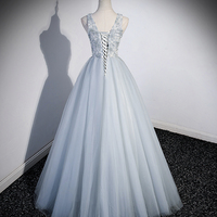 Cute V-Neck Tulle Long Prom Dress, Gray Evening Dress Party Dress - Thumbnail 3