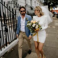 Simple Sheath Long Sleeve Mini Short Beach Boho Wedding Dress Bridal Dress - Thumbnail 1