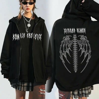 Harajuku autumn women hooded sweatshirt zipper butterfly print long sleeve hoodie jacket