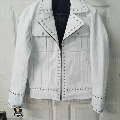 New men's stylish punk silver studded belted cowhide biker leather jacket