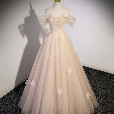 Cute flowers tulle long prom dresses, off shoulder evening dresses - Thumbnail 2