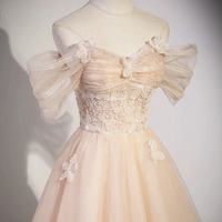 Cute Flowers Tulle Long Prom Dresses, Off Shoulder Evening Dresses - Thumbnail 3