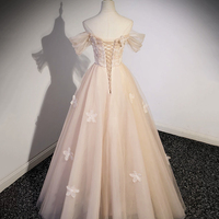 Cute Flowers Tulle Long Prom Dresses, Off Shoulder Evening Dresses - Thumbnail 4