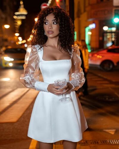 Simple A Line Long Sleeve Mini Short Beach Boho Wedding Jumpsuit Bridal Dress