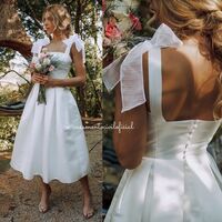Simple A Line Tea-length Beach Boho Wedding Jumpsuit Bridal Dress - Thumbnail 1
