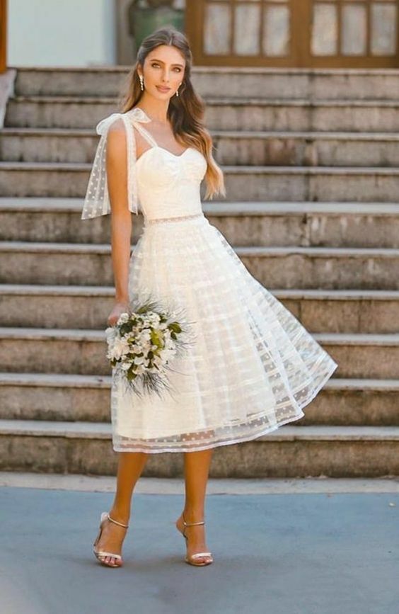  Simple A Line Tea-length Lace Beach Boho Wedding Jumpsuit Bridal Dress