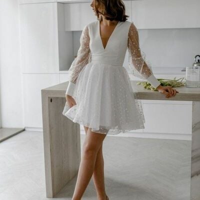 Simple lace long sleeve mini short beach boho wedding dress bridal dress