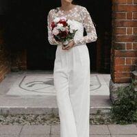 Simple Lace Long Sleeve Beach Boho Wedding Jumpsuit Bridal Jumpsuit - Thumbnail 1