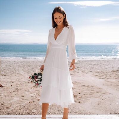 Simple chiffon long sleeve tea-length beach boho wedding dress bridal dress