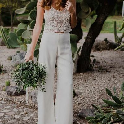 Simple lace two pieces beach boho wedding jumpsuit bridal jumpsuit