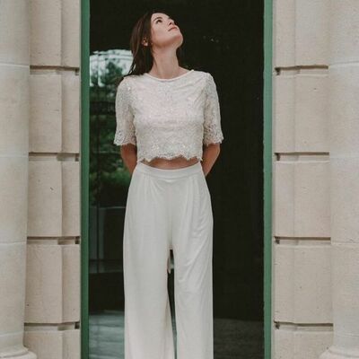 Simple lace two pieces beach boho wedding jumpsuit bridal jumpsuit