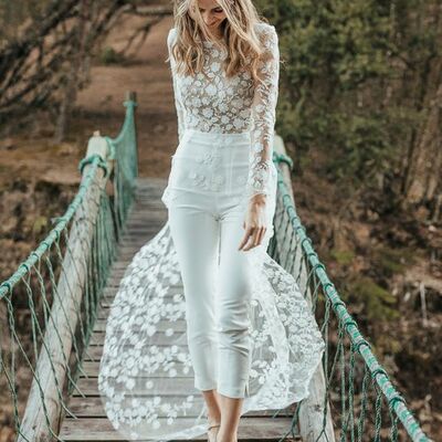 Simple lace long sleeve beach boho wedding jumpsuit bridal jumpsuit
