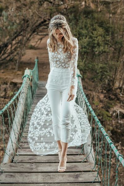 Simple Lace Long Sleeve Beach Boho Wedding Jumpsuit Bridal Jumpsuit