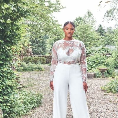 Simple lace two pieces beach boho wedding jumpsuit bridal jumpsuit - Thumbnail 4