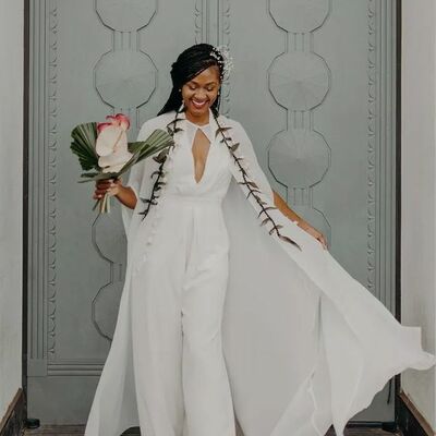 Simple chiffon with a shawl beach boho wedding jumpsuit bridal jumpsuit