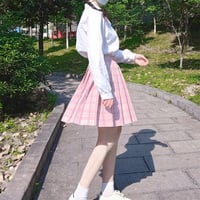Plaid Pink Cherry Blossom Sakura Sweet Cute Japanese Student Sailor Uniform Seifuku White Shirt & Skirt & Bow Tie Set - Thumbnail 7