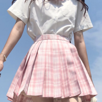Plaid Pink Cherry Blossom Sakura Sweet Cute Japanese Student Sailor Uniform Seifuku White Shirt & Skirt & Bow Tie Set - Thumbnail 1