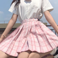 Plaid Pink Cherry Blossom Sakura Sweet Cute Japanese Student Sailor Uniform Seifuku White Shirt & Skirt & Bow Tie Set - Thumbnail 3