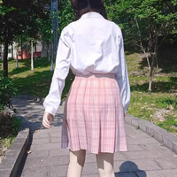 Plaid Pink Cherry Blossom Sakura Sweet Cute Japanese Student Sailor Uniform Seifuku White Shirt & Skirt & Bow Tie Set - Thumbnail 6