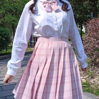 Plaid Pink Cherry Blossom Sakura Sweet Cute Japanese Student Sailor Uniform Seifuku White Shirt & Skirt & Bow Tie Set - Thumbnail 8