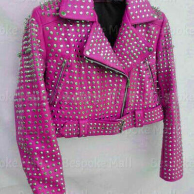 New woman pink silver spiked studded brando style punk biker leather jacket