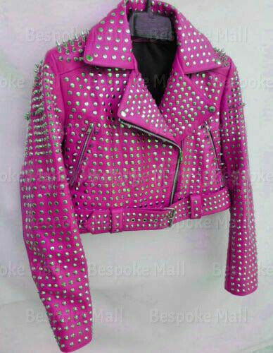 New Woman Pink Silver Spiked Studded Brando Style Punk Biker Leather Jacket