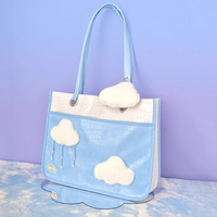 Pastel Sky Blue Collecting Clouds Fluffy Cute Plush Leather Women Messenger Shoulder Large Capacity Tote Bag - Thumbnail 5