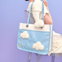 Pastel Sky Blue Collecting Clouds Fluffy Cute Plush Leather Women Messenger Shoulder Large Capacity Tote Bag - Thumbnail 7