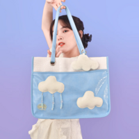 Pastel Sky Blue Collecting Clouds Fluffy Cute Plush Leather Women Messenger Shoulder Large Capacity Tote Bag - Thumbnail 8
