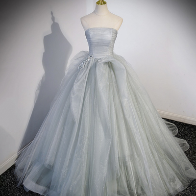 Gray strapless long formal dress, gray tulle evening dress party dress - Thumbnail 3